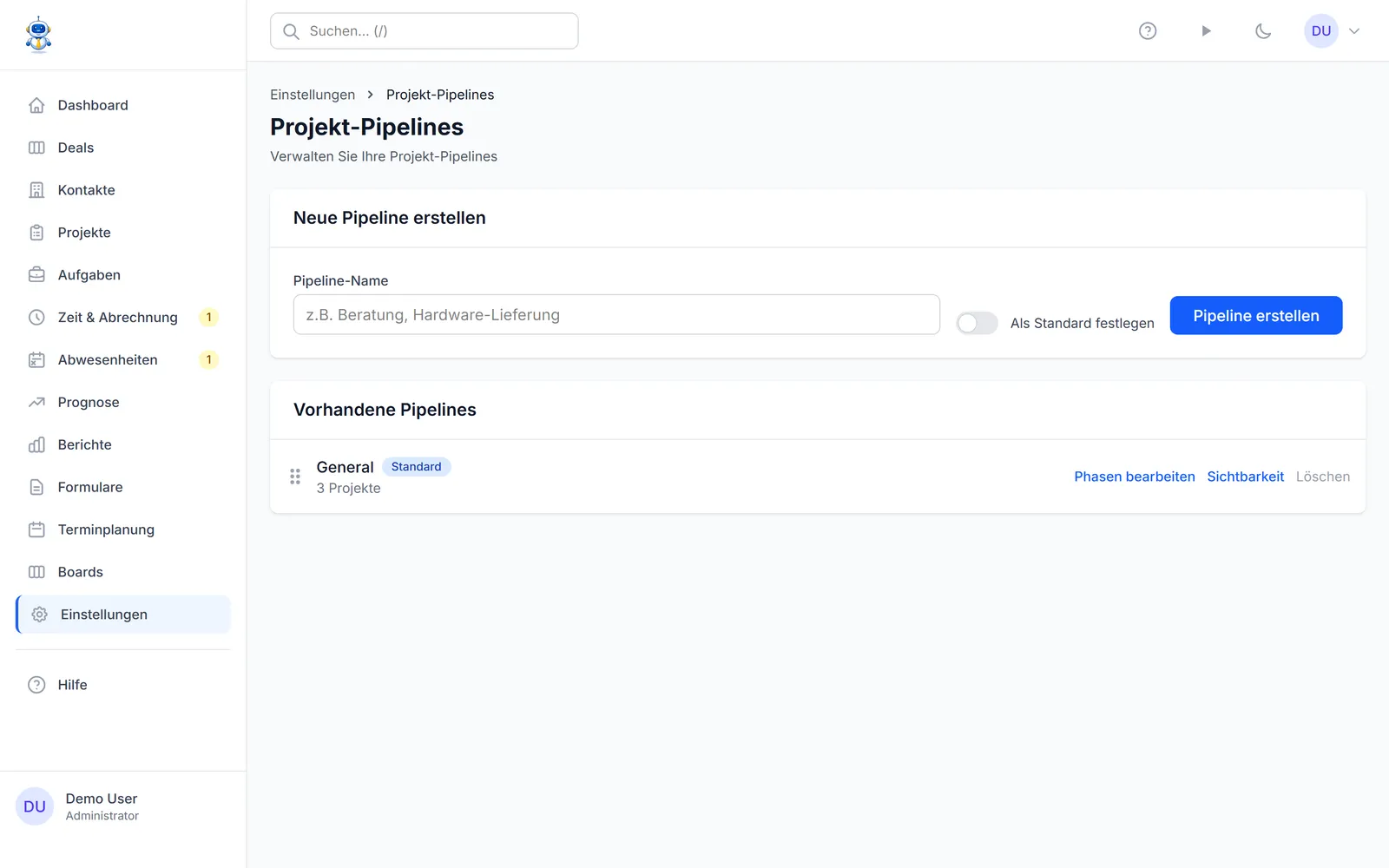 Die Projekt-Pipeline-Einstellungen mit der Standard-Pipeline