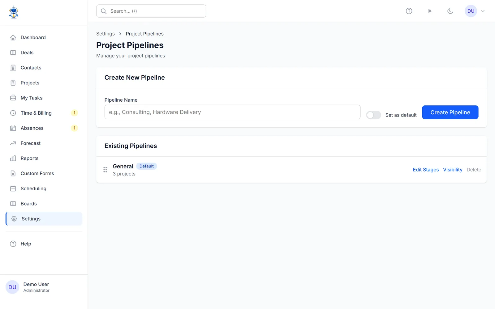 The project pipelines settings with the default pipeline