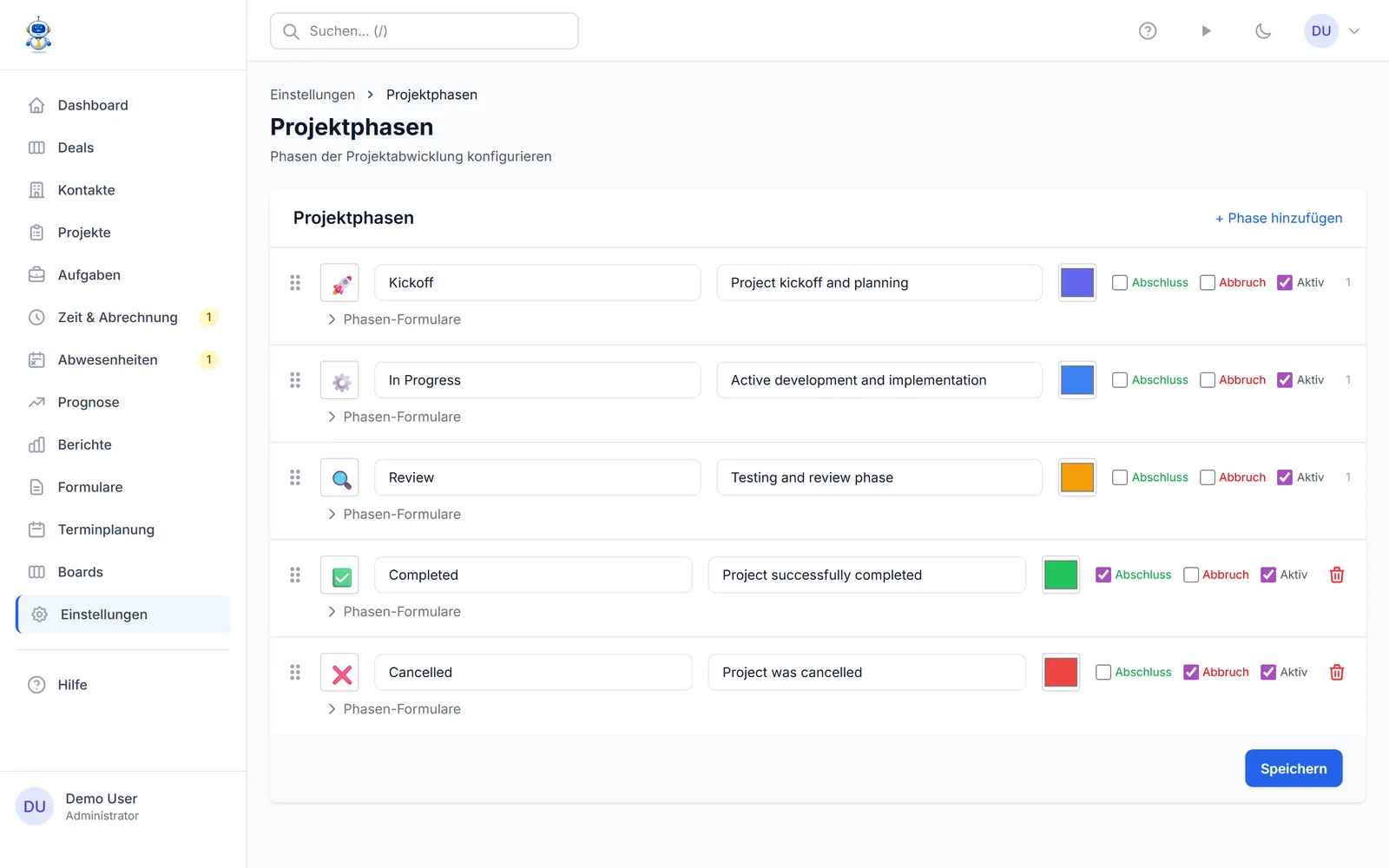Der Phasen-Editor mit Farben und Reihenfolge je Pipeline