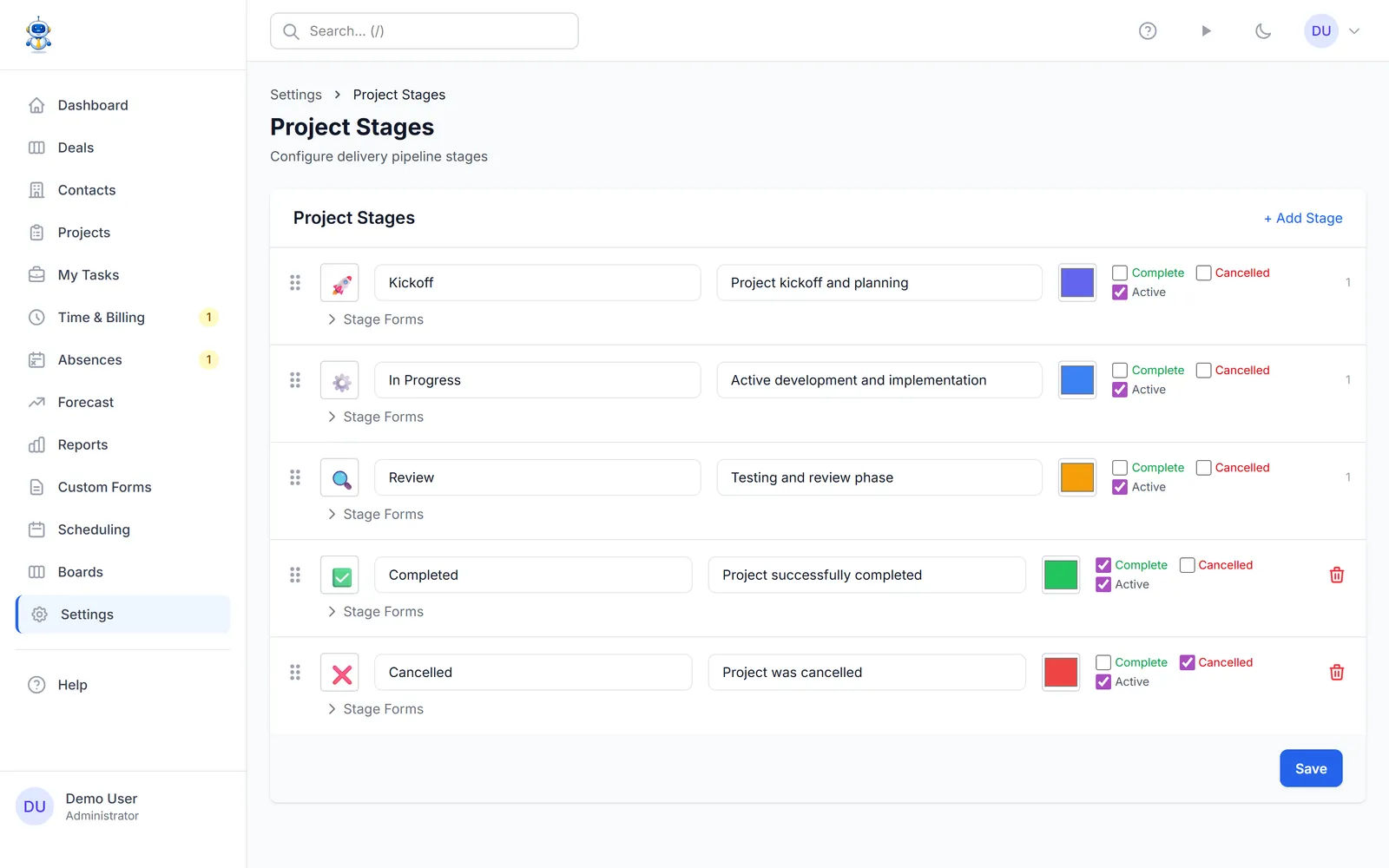 The stage editor with colors and order per pipeline