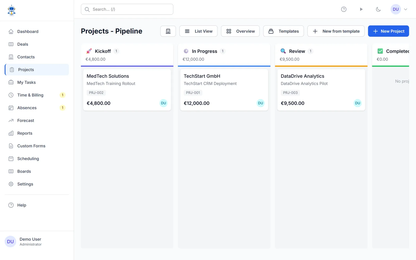 The projects kanban board with delivery stages
