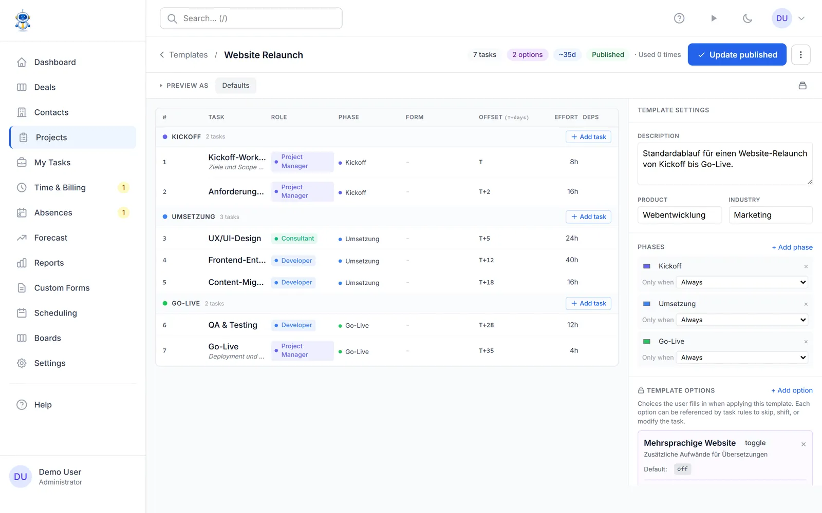 The template editor with phases, steps, and options