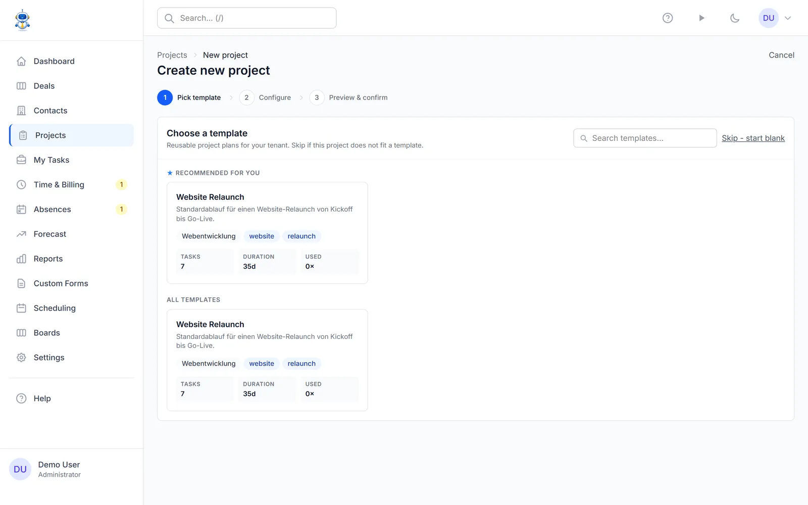 The project wizard with the template picker as first step