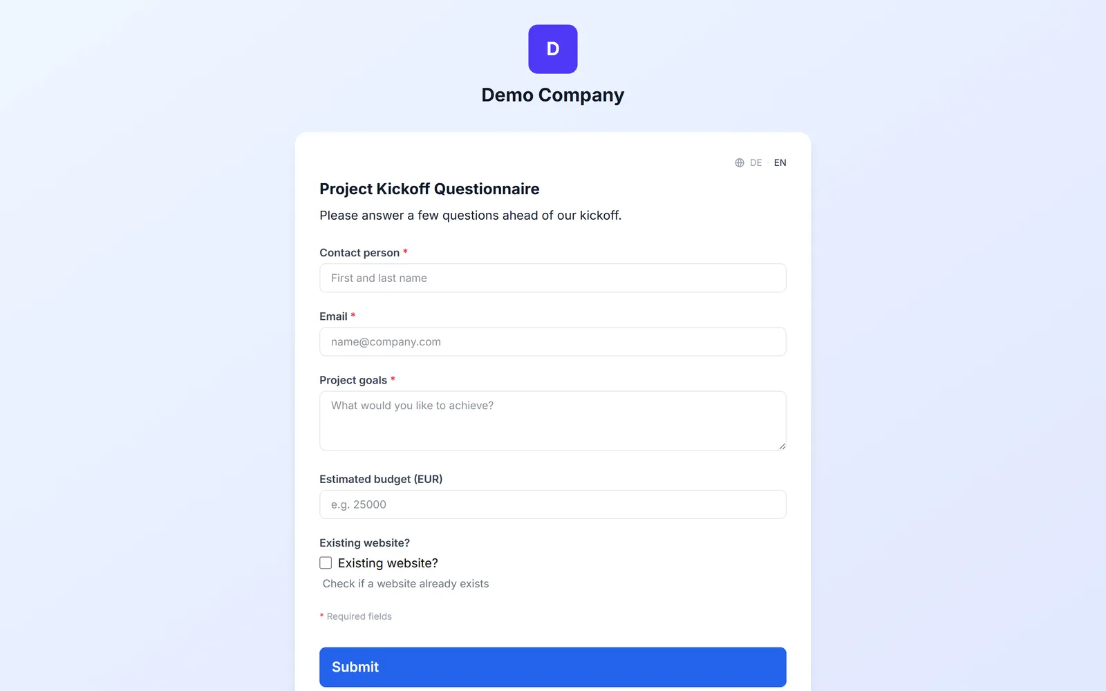 A public form with custom fields, filled out without login