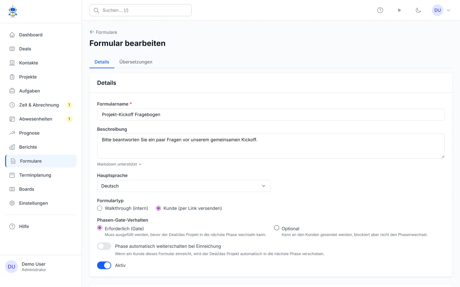 Der Formular-Editor mit verschiedenen Feldtypen