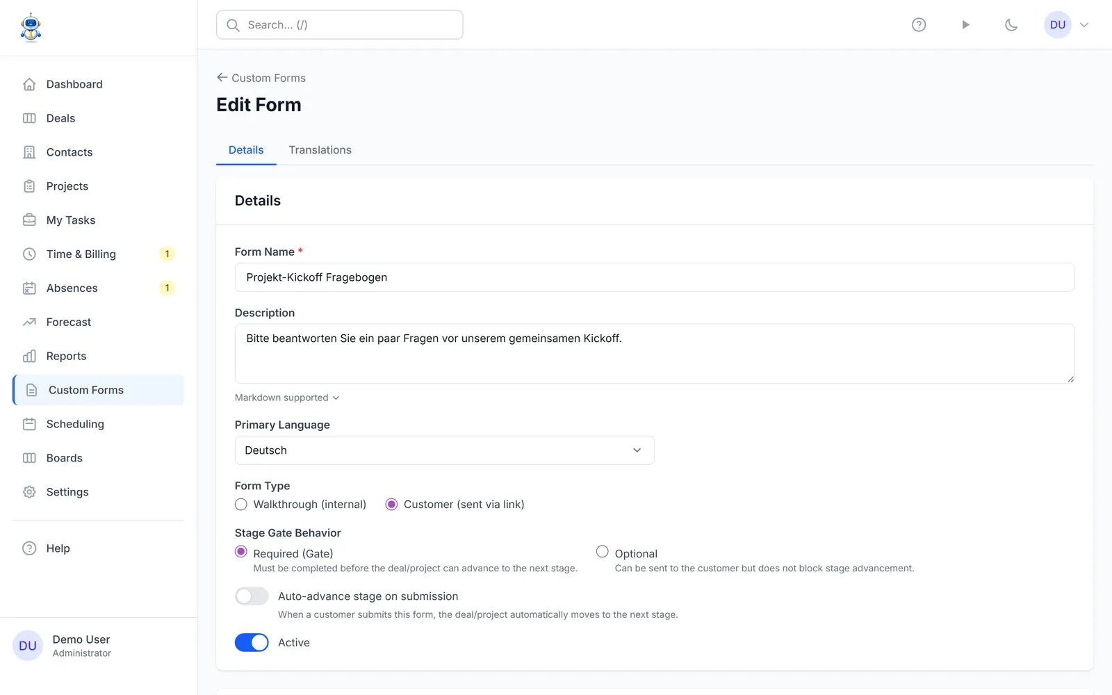 The form editor with mixed field types