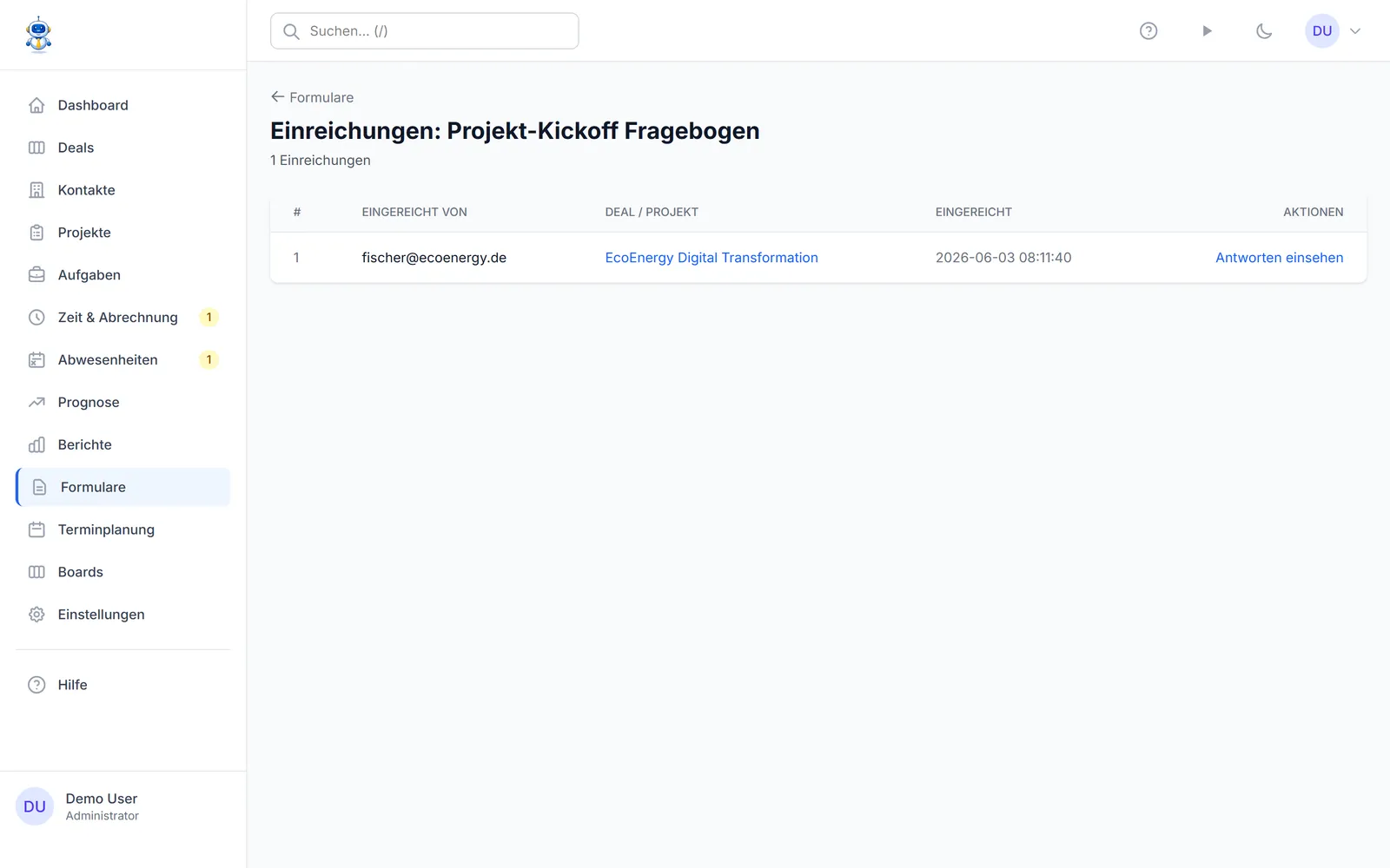 Die Liste der Einsendungen mit eingegangenen Antworten