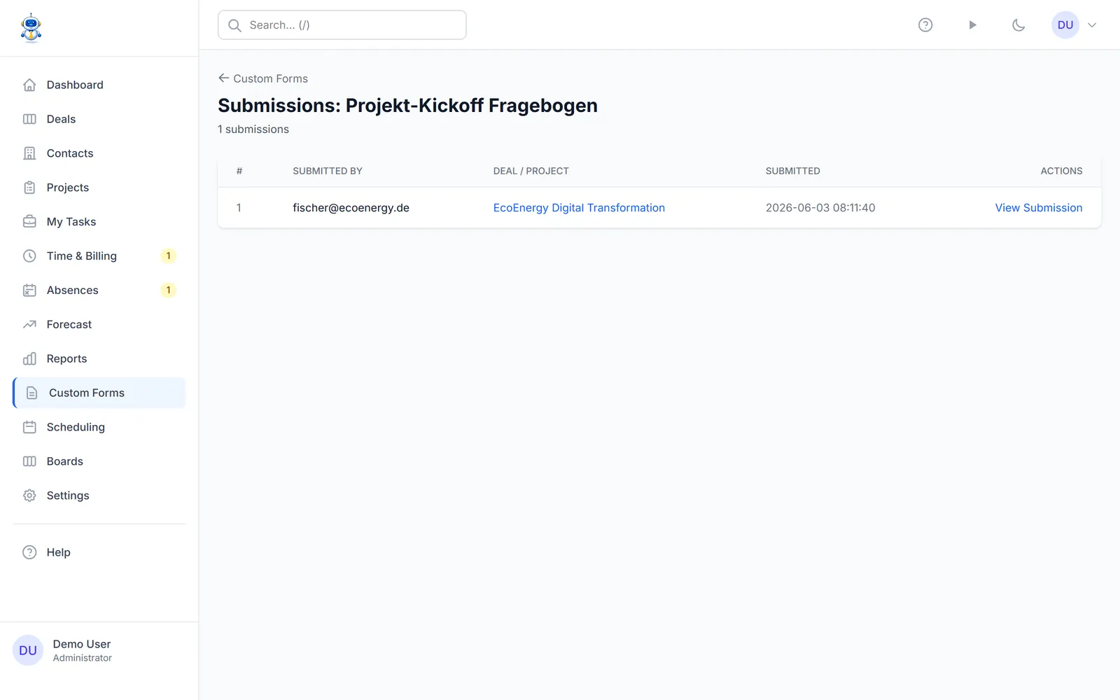 The submissions list with received answers