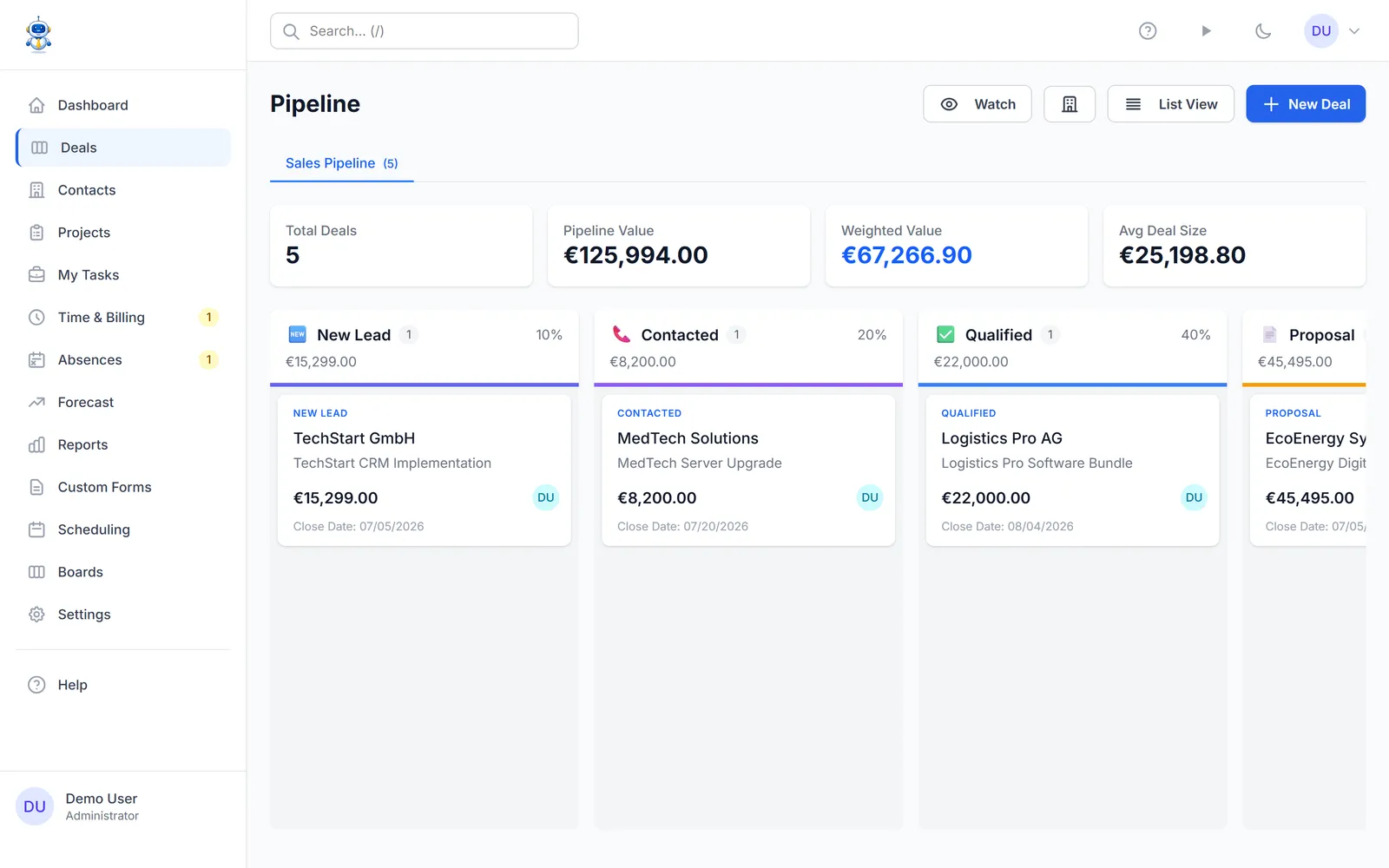 The OneBob sales pipeline kanban board with deal cards grouped by stage