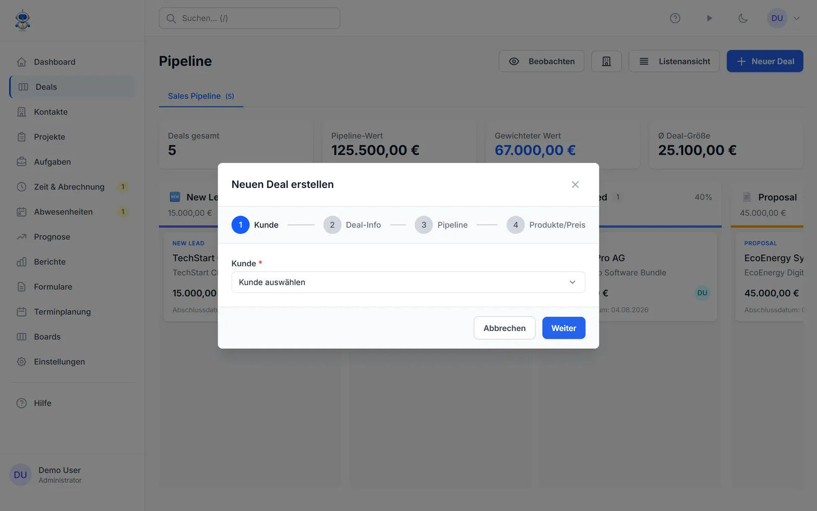 Der Assistent für neue Deals mit Feldern für Pipeline, Phase und Wert