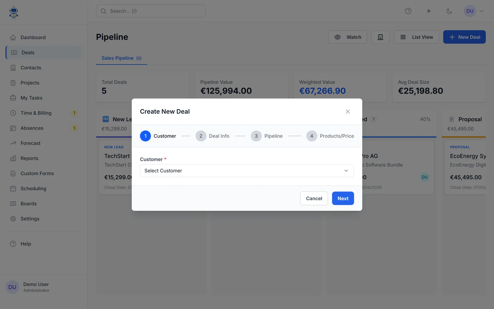 The new deal wizard with pipeline, stage, and value fields