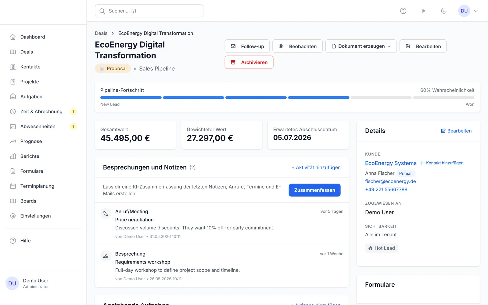 Eine Deal-Detailseite mit Aktionen, um den Deal als gewonnen oder verloren zu markieren