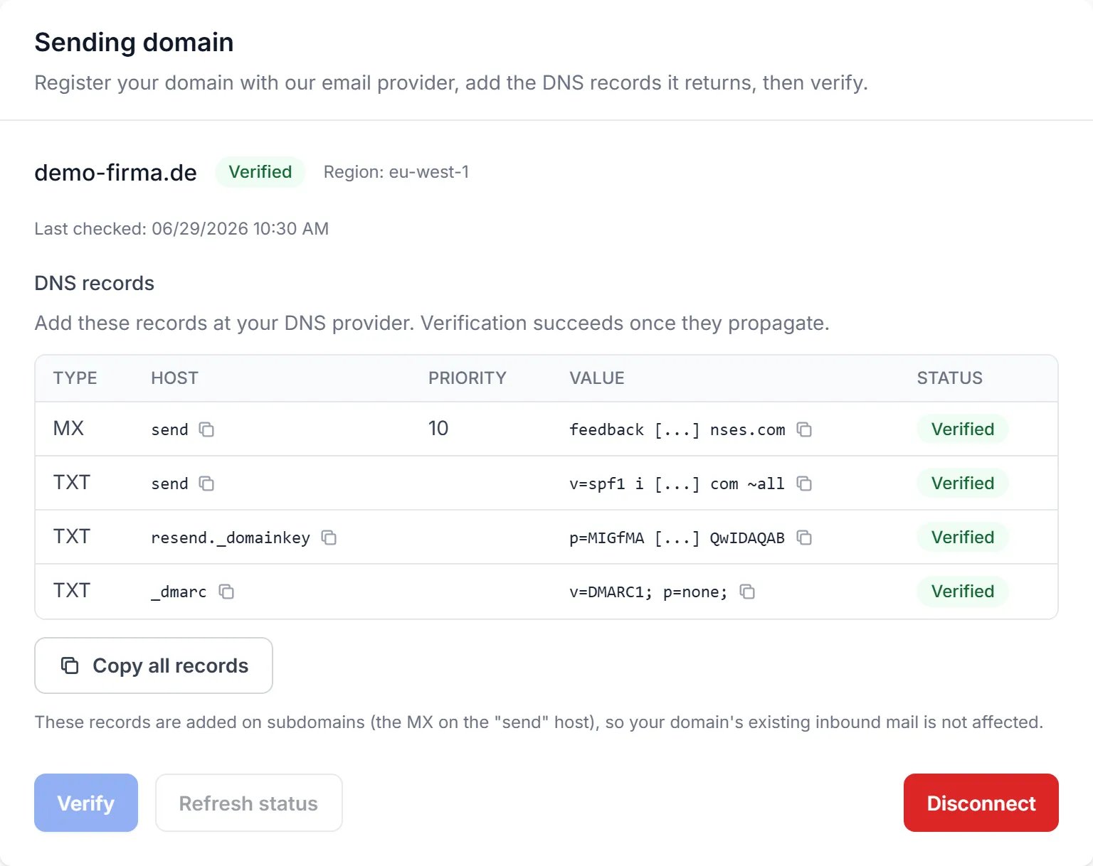 The custom sender domain settings page with DNS records and a verified status