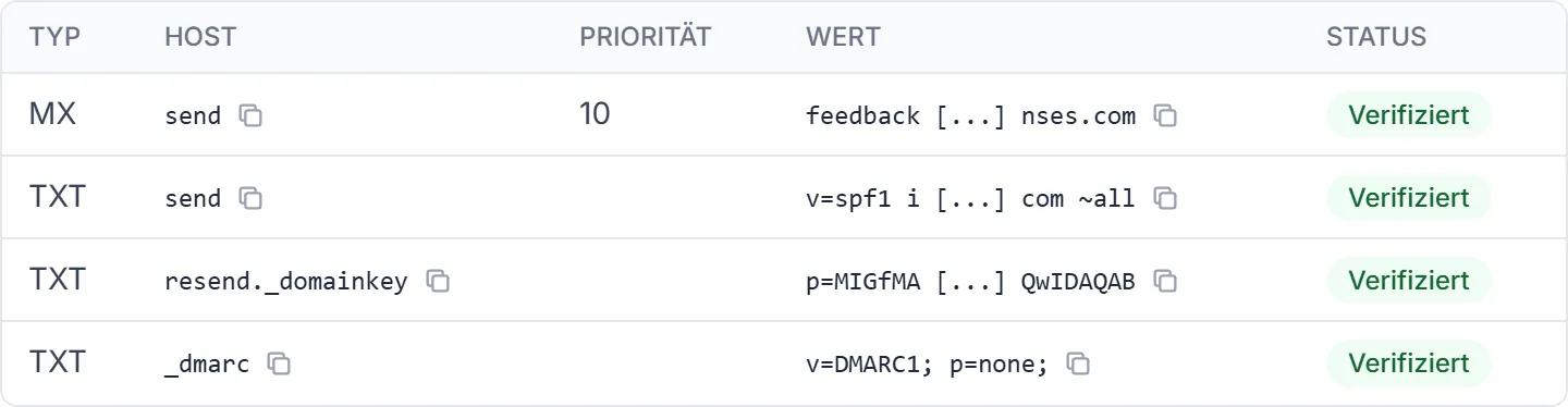 Die DNS-Eintragstabelle mit Typ, Host, Wert und einer Kopierschaltfläche je Zeile