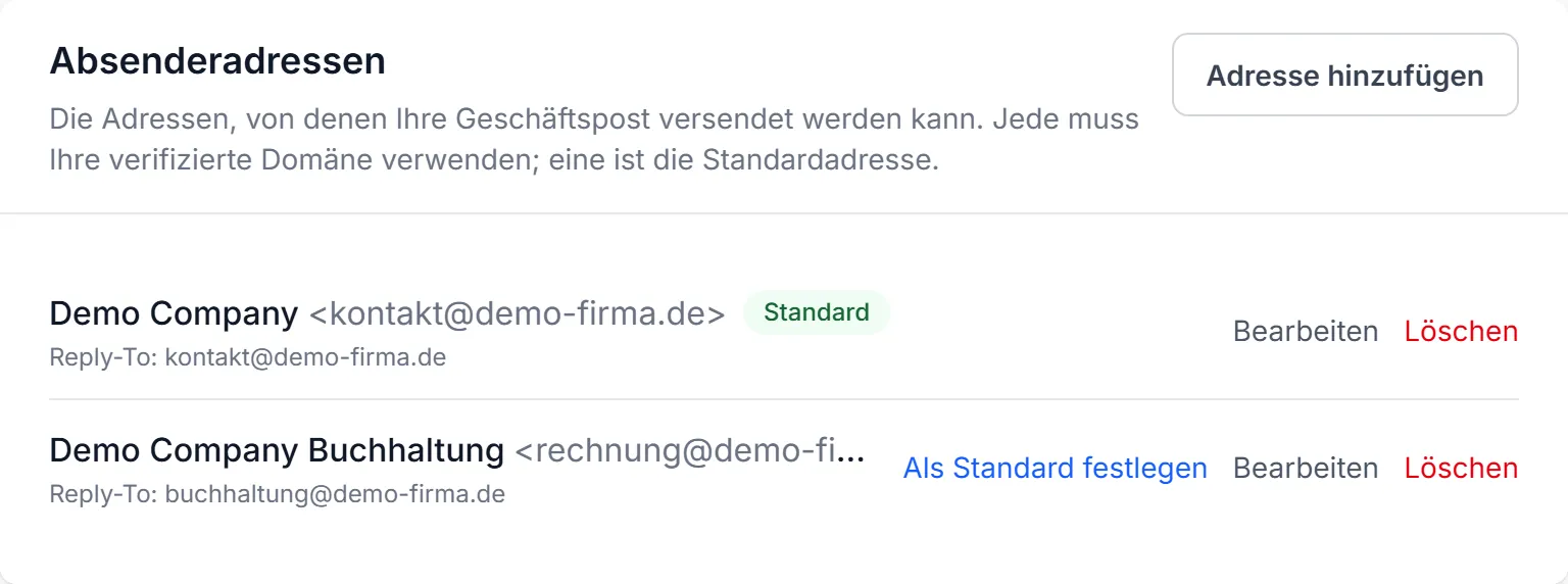 Die Liste der Absenderadressen und das Formular für den Testversand