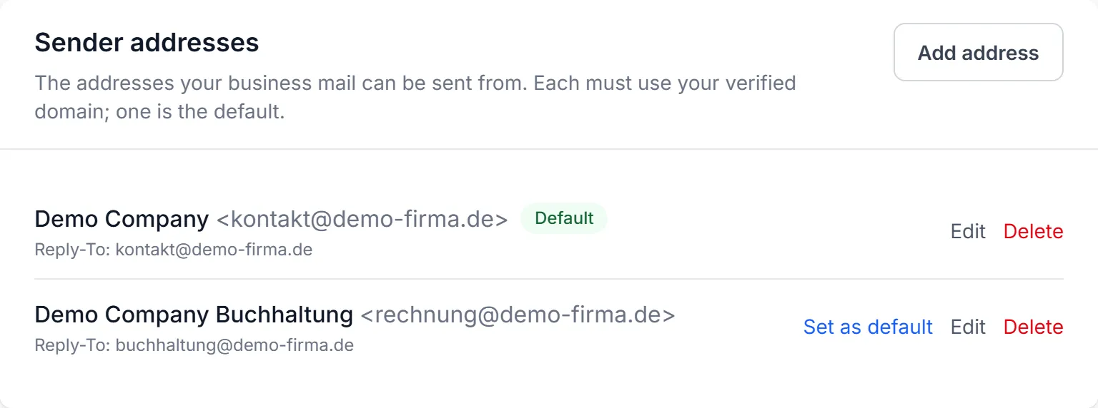 The sender addresses list and the test send form
