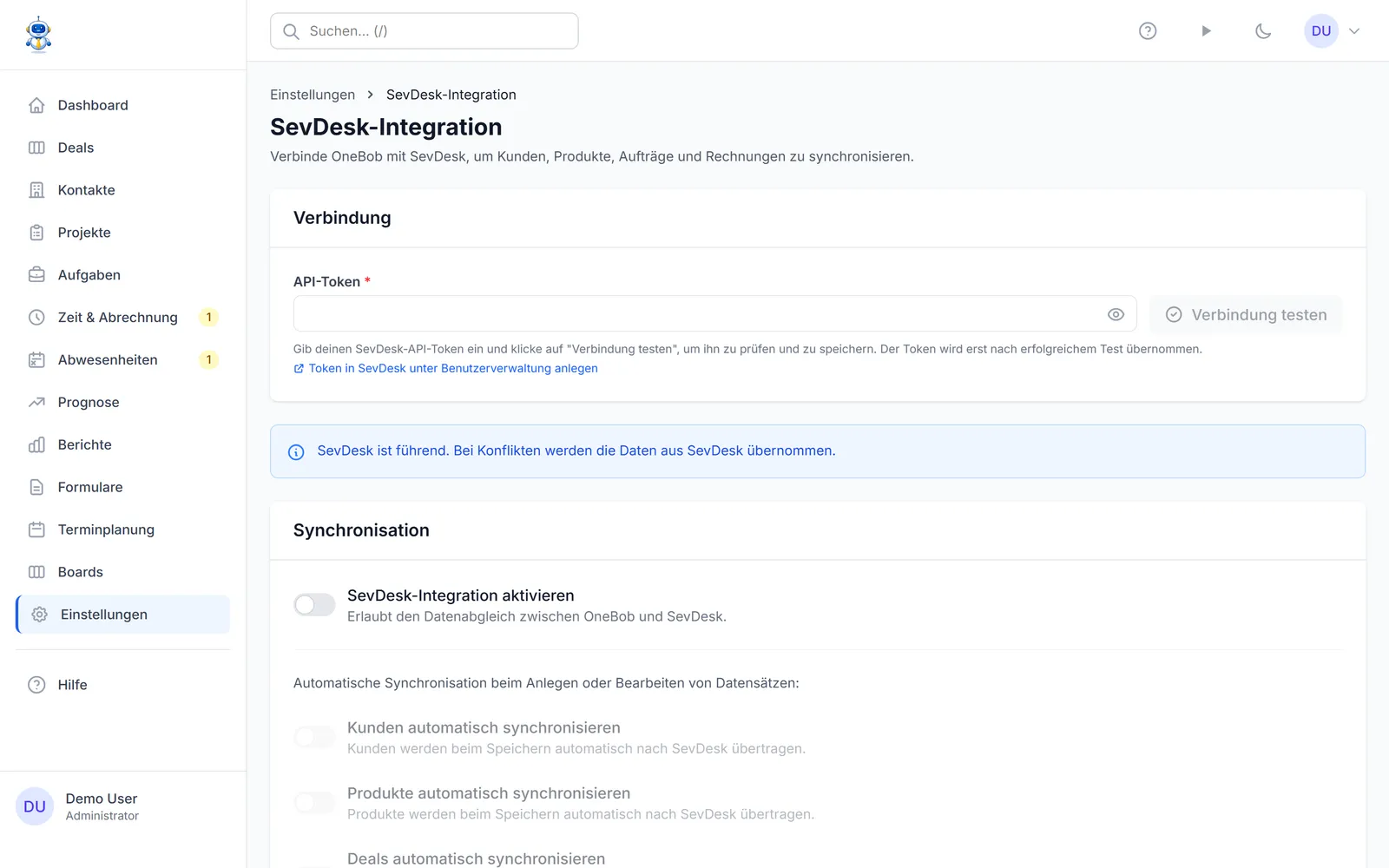 Die SevDesk-Einstellungen mit API-Token und Sync-Optionen
