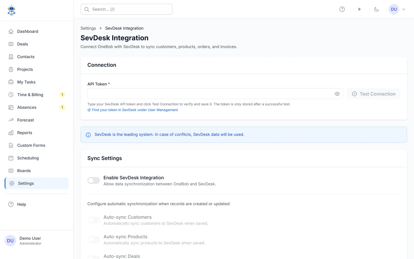 The SevDesk settings page with API token and sync options