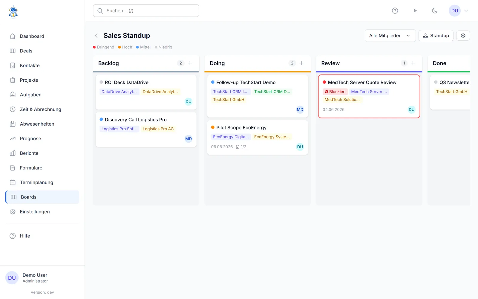 Ein OneBob Task-Board mit den Spalten Backlog, Doing, Review und Done