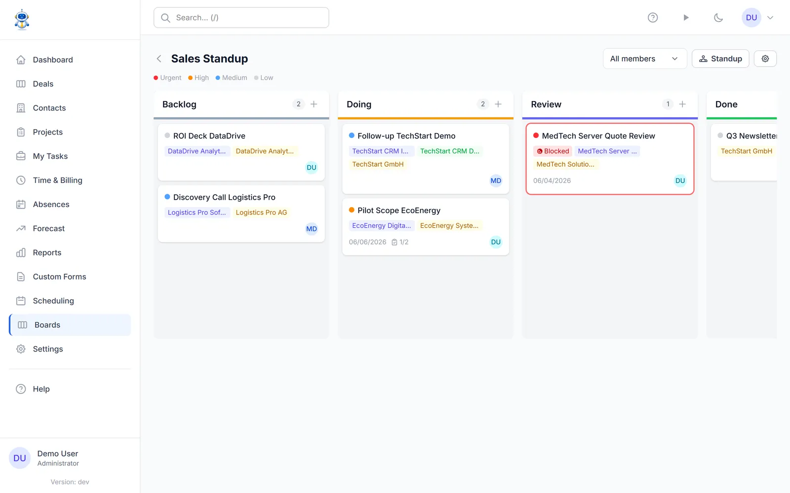A OneBob task board with Backlog, Doing, Review, and Done columns