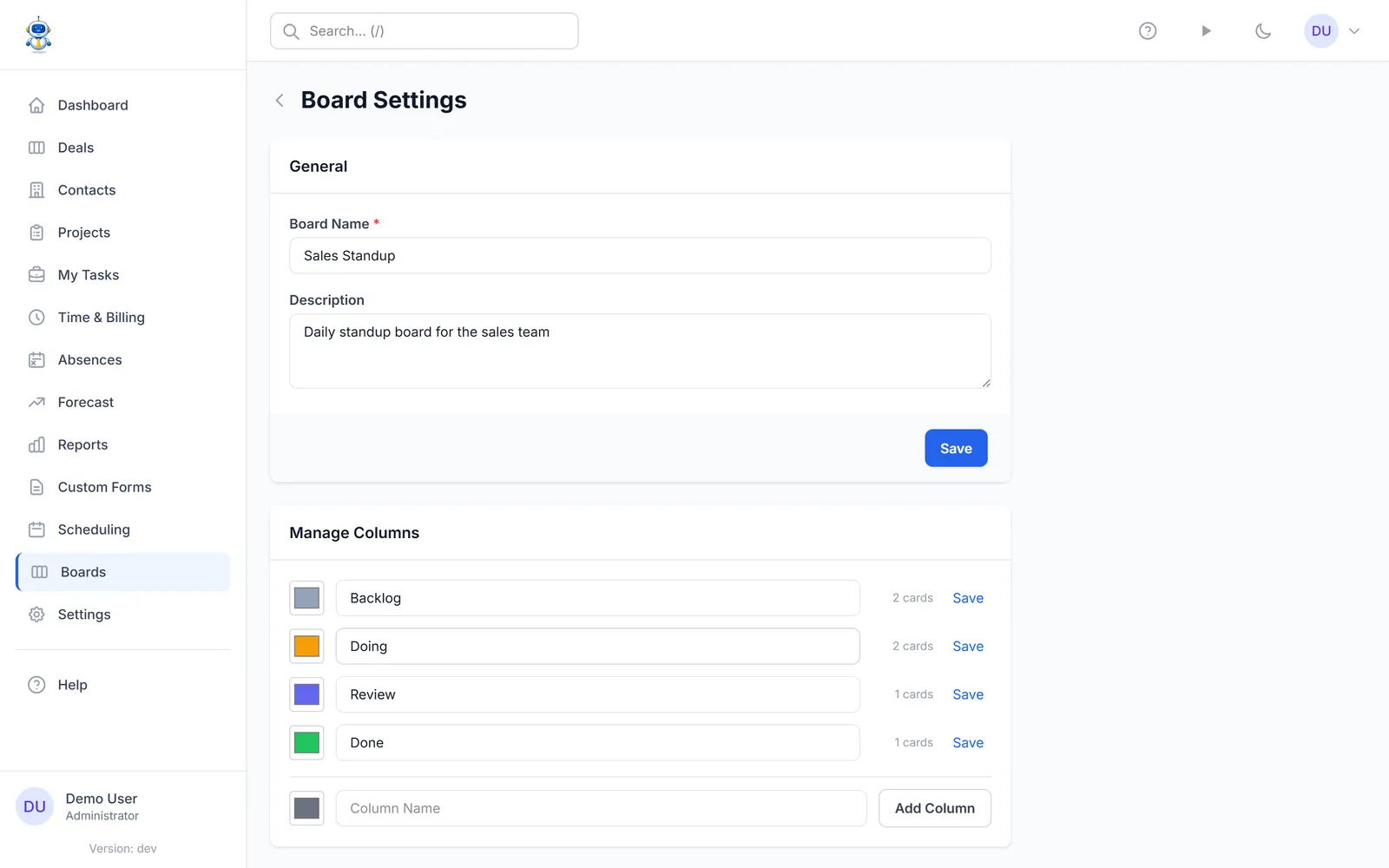 Board settings with column management and card counts per column