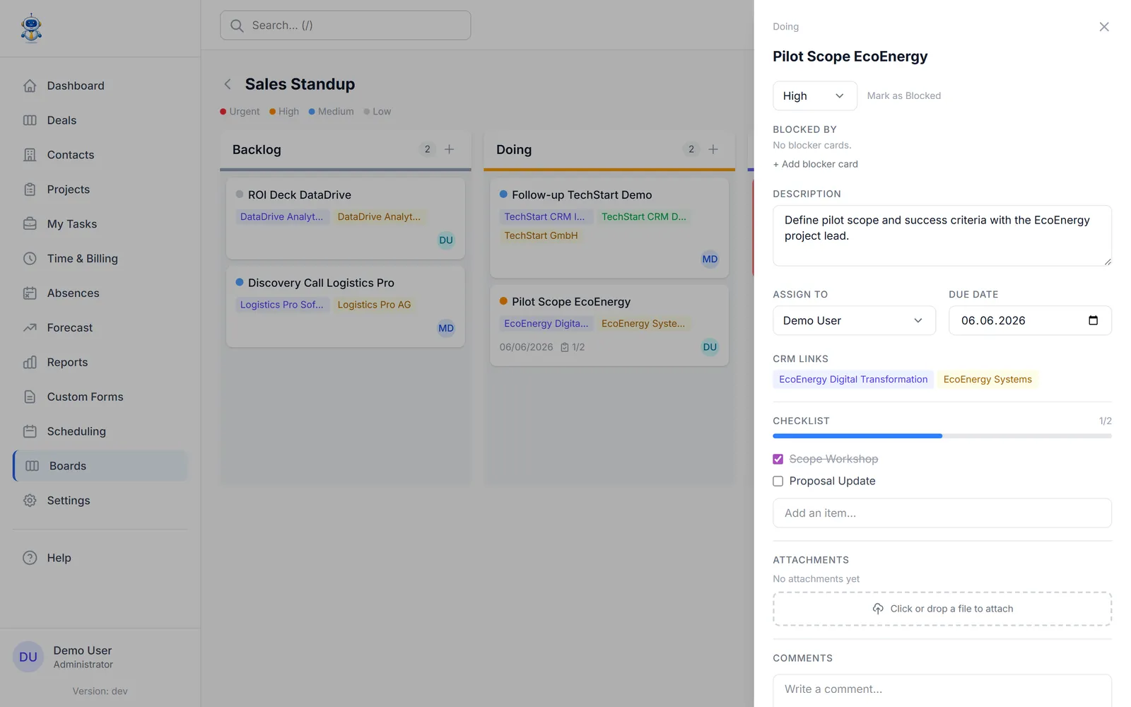 An open card panel with description, checklist, and CRM links
