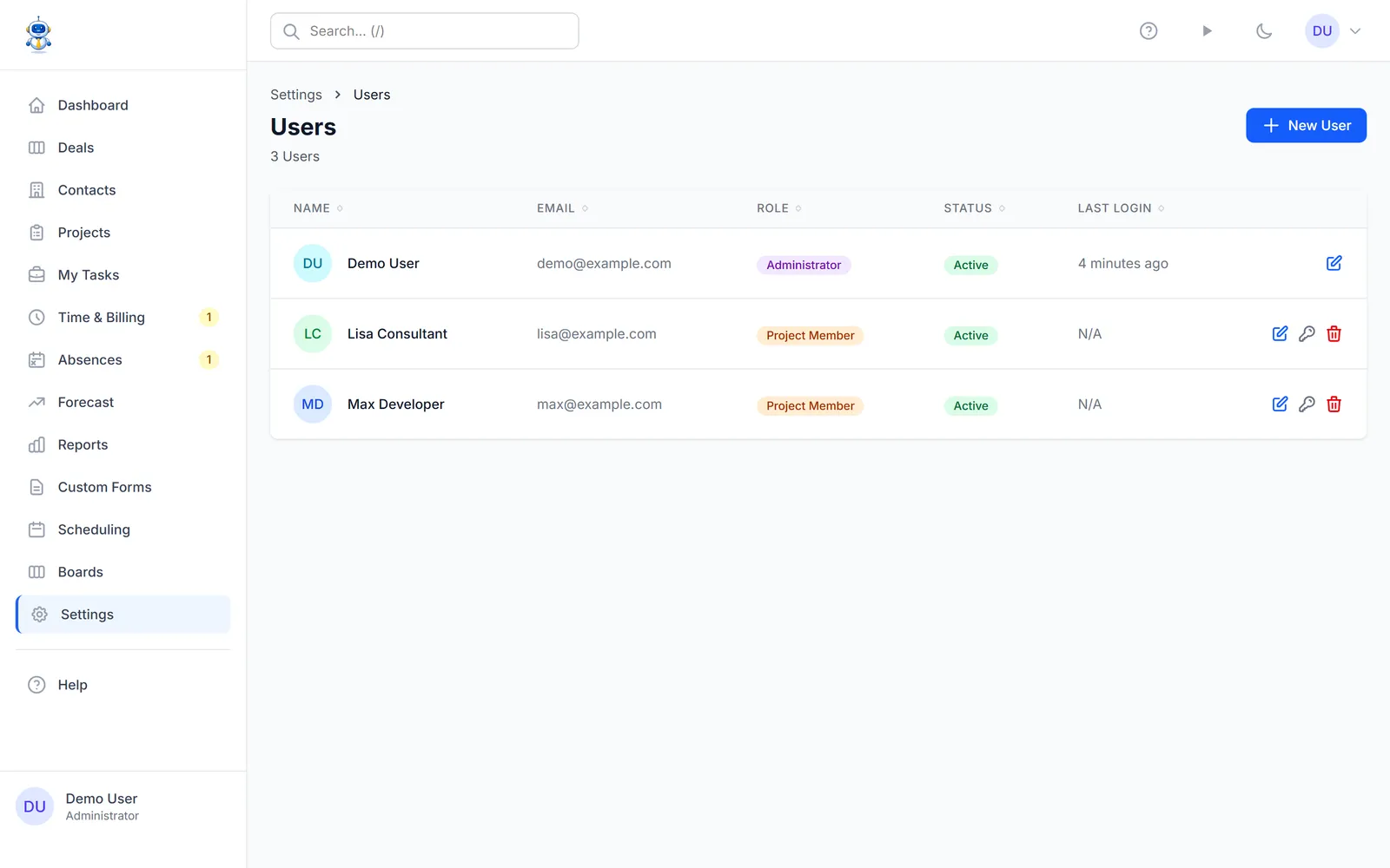 The user management list with roles and status