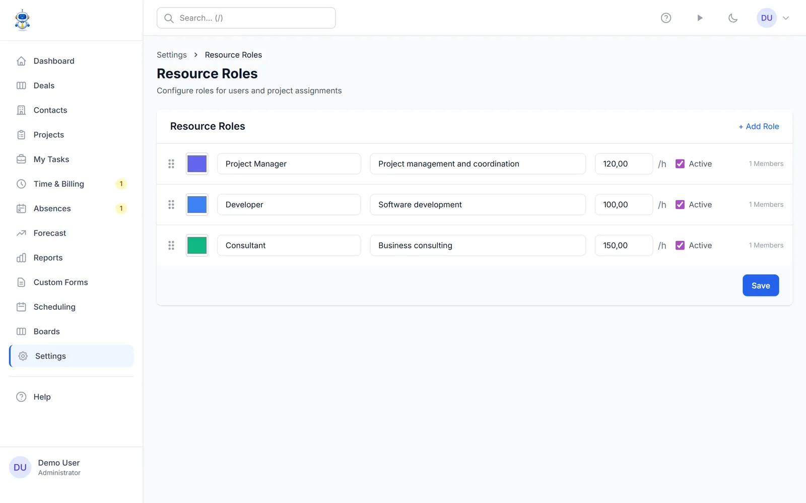 The resource roles settings with hourly rates