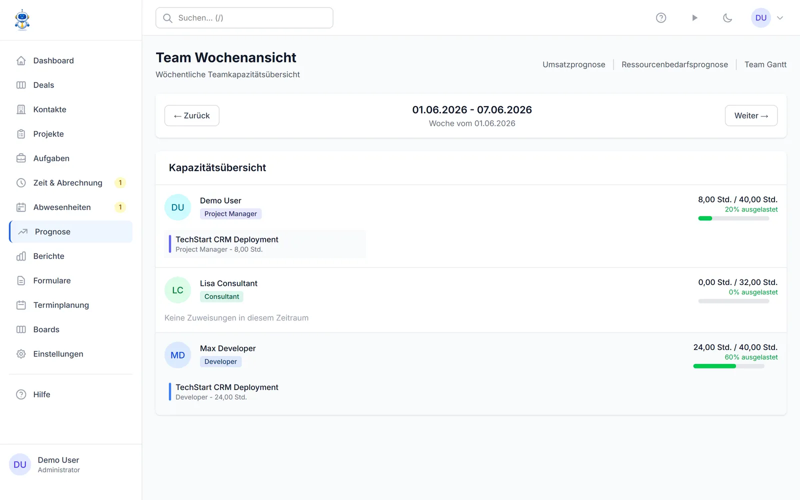 Der wöchentliche Teamkalender mit Kapazität je Mitglied