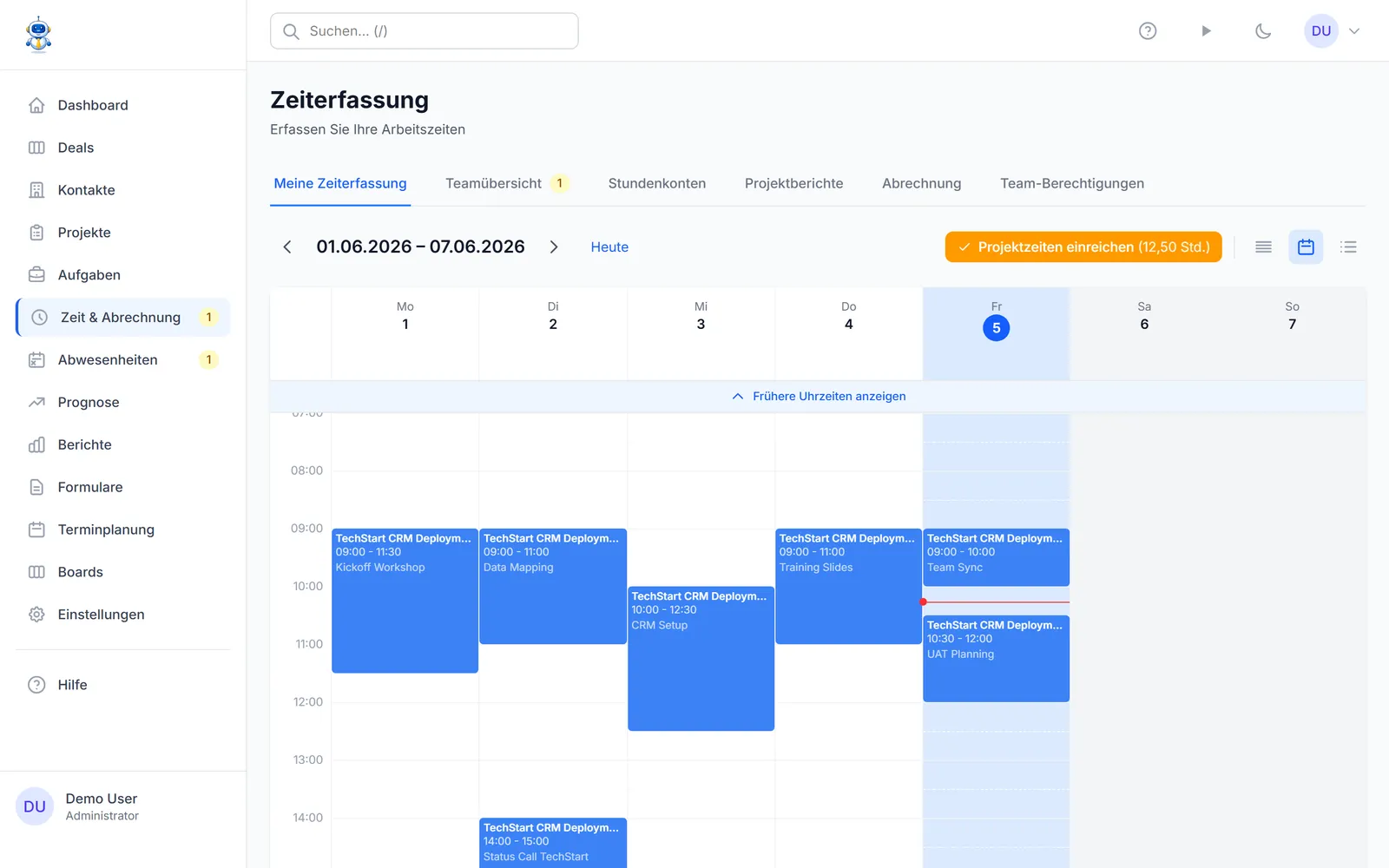 Der wöchentliche Stundenzettel-Kalender mit erfassten Zeiteinträgen