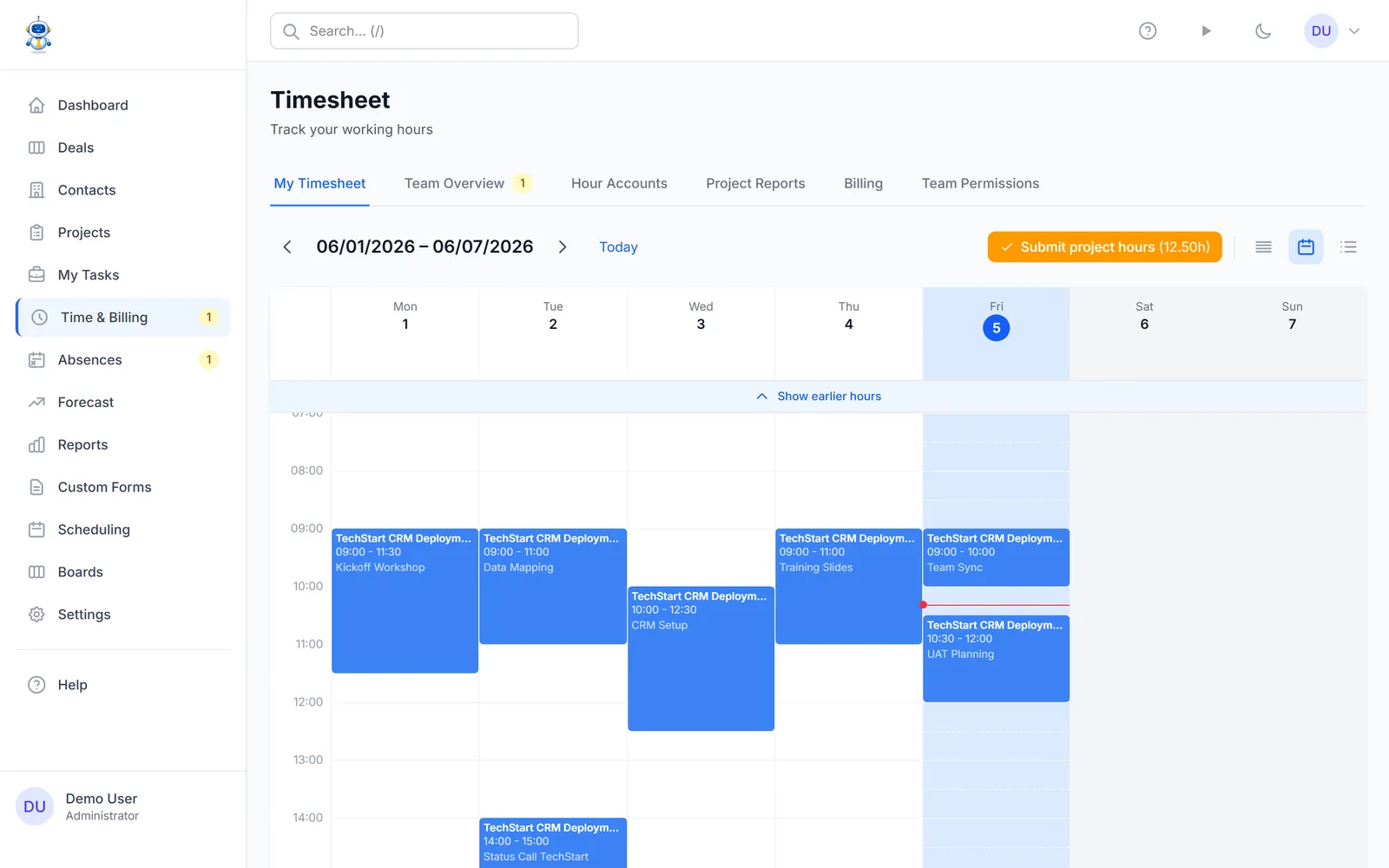 The weekly timesheet calendar filled with time entries