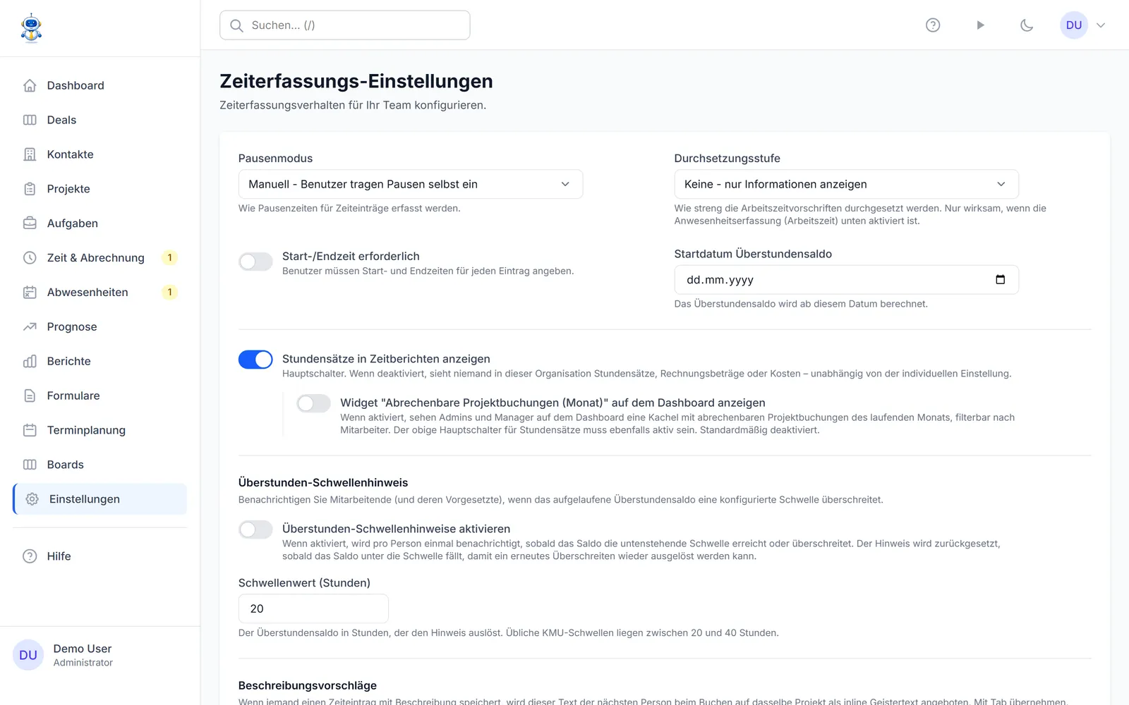Die Zeiterfassungs-Einstellungen mit Pausen-, Compliance- und Stundensatz-Optionen