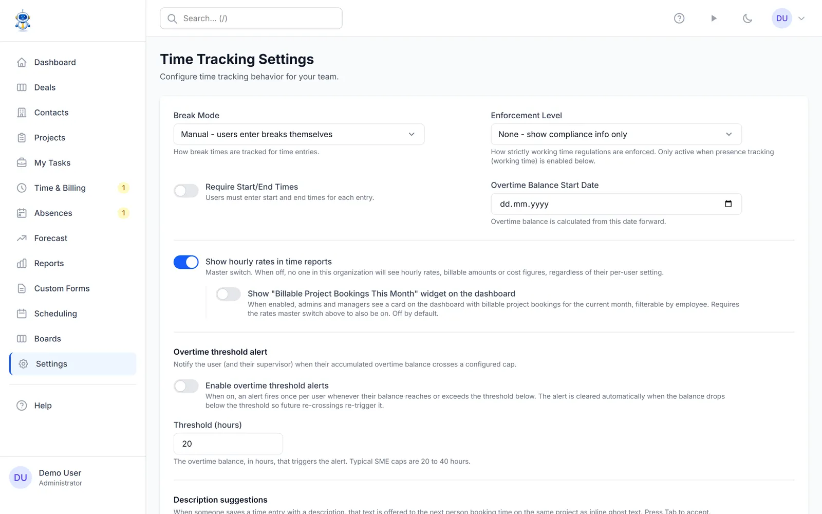 The time tracking settings with break, compliance, and hourly rate options