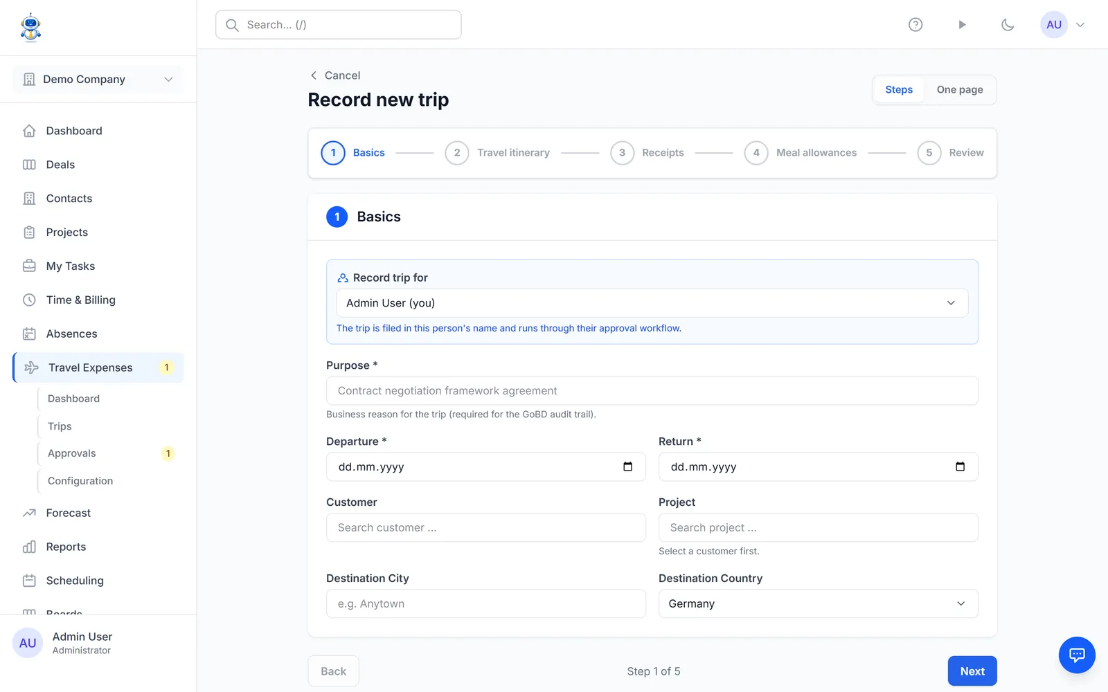The new-trip wizard with the trip basics step open