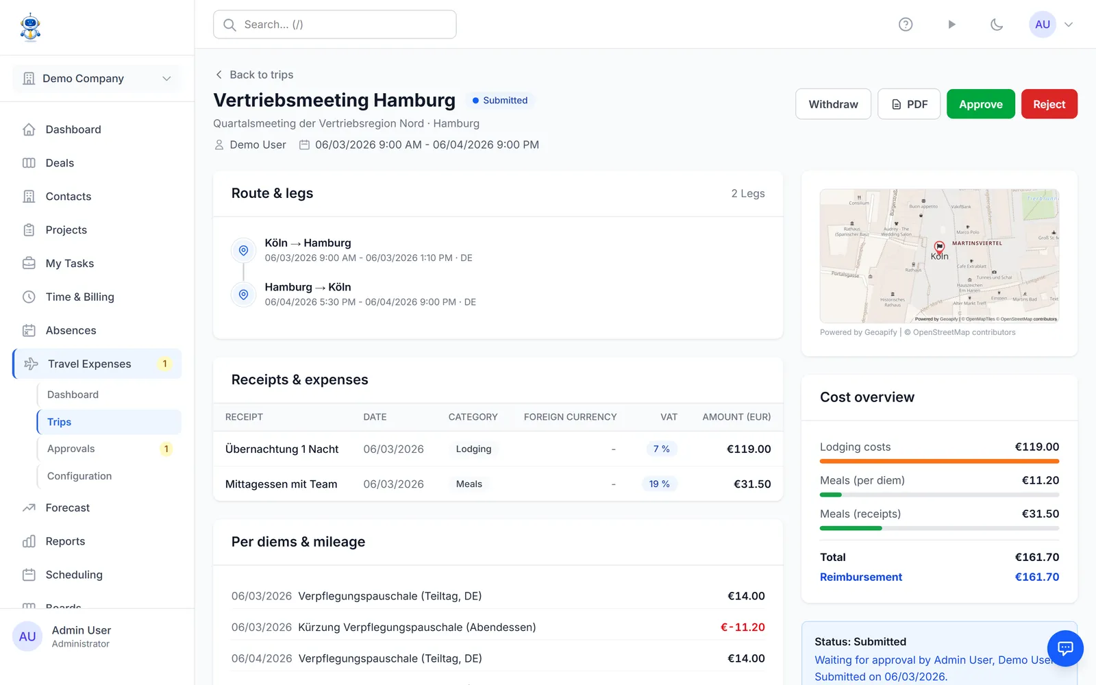 The review step showing receipts, per-diems, and the reimbursement total