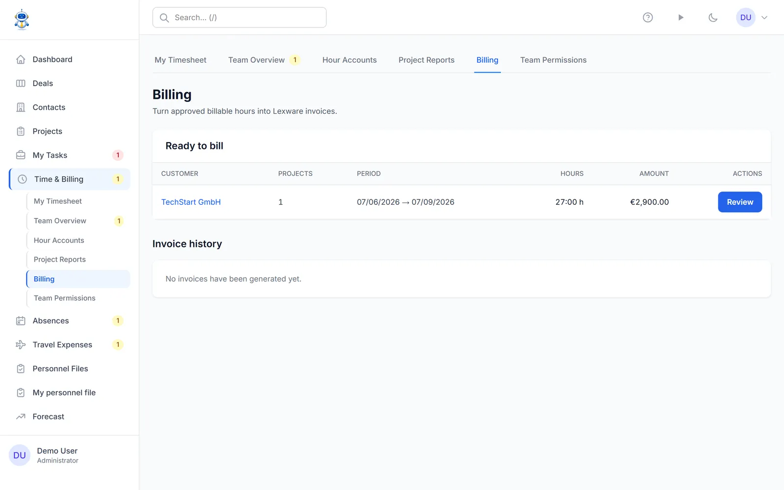 From approved hours to Lexware invoice in one click